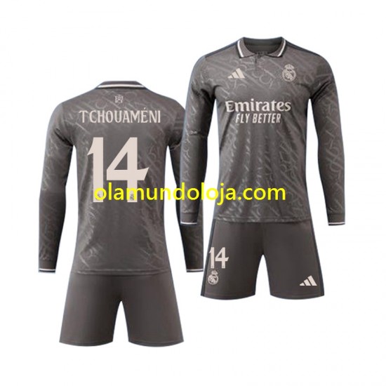 Camisola Real Madrid Tchouameni 14 Criança Equipamento Segundo 2024-2025 Manga Comprida